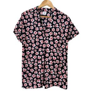 Cabi Women's Black/Pink Harmony Floral V-Neck Short Sleeve Top Blouse Size M